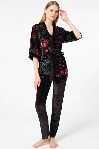 Anıl Women's Tulle Floral Printed Dressing Gown Underwire Unassisted Unpadded Lace Bustier Bra and Pantolo