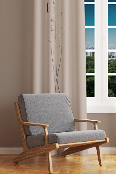 Moud's Bej Minimal Çiçek Desenli Süet Oturma Odası Salon Fon Perde Baskılı Ek...