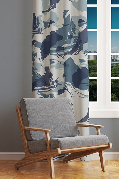 Moud's Blue Camouflage Patterned Suede Living Room Hall Background Curtain Printed Extrafor Drawstring SINGLE WING PRD-1083