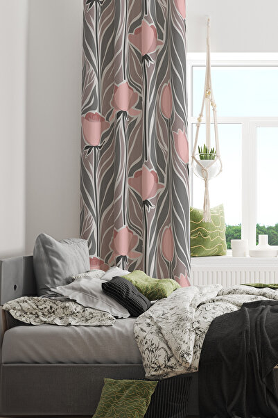 Moud's Mirror Flowers 1 Desenli Süet Oturma Odası Salon Fon Perde Baskılı Eks...