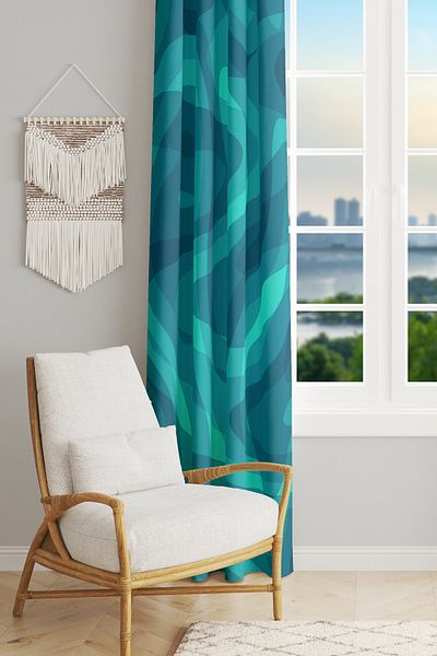 Moud's Light Blue Wave Patterned Suede Living Room, Lounge Background Curtain Printed Extrafor Drawstring SINGLE WING