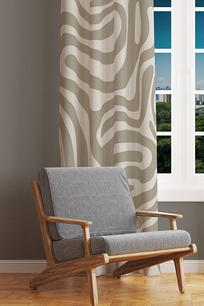 Moud's Brown Wave Patterned Suede Living Room Hall Background Curtain Printed Extrafor Drawstring SINGLE WING