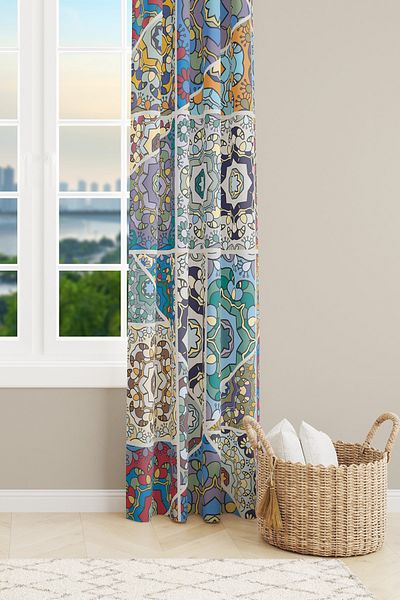 Moud's Mosque Tiles 4 Patterned Suede Living Room Hall Background Curtain Printed Extrafor Drawstring SINGLE WING PRD-1087