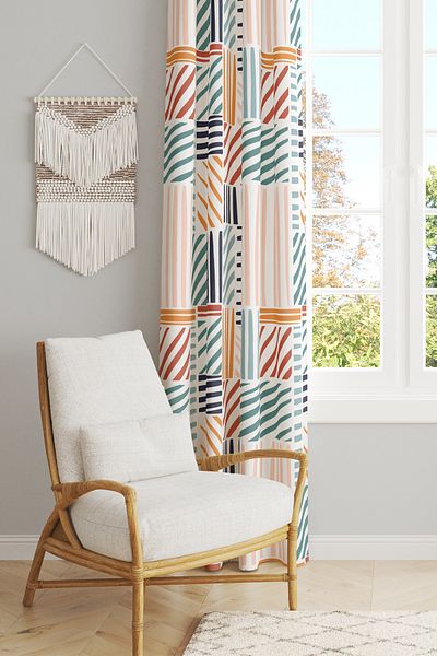 Moud's Colorful Striped Square Patterned Suede Living Room Hall Background Curtain Extrafor Drawstring SINGLE WING PRD-1074