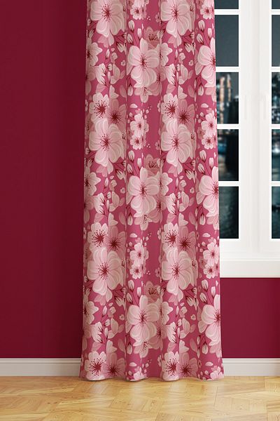Moud's Pink Flower 2 Patterned Suede Living Room Hall Background Curtain Printed Extrafor Drawstring SINGLE WING PRD-1041