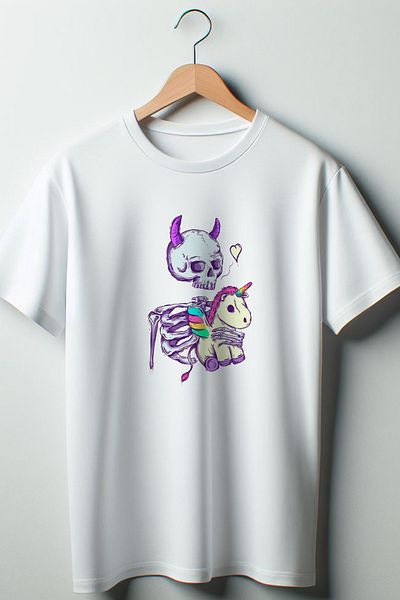 Vordevia Skull Unicorn Printed Coquette 2024 Fashion White Oversize Μπλουζάκι με λαιμόκοψη