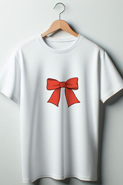 Vordevia Tricou cu decolteu crew cu imprimeu cu panglică roșie Coquette 2024 Fashion alb oversize