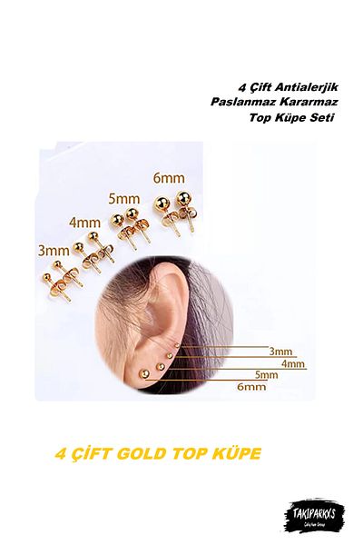Takıparkxs TAKIPARKXS Unisex Stainless Anti-Tarnish Steel 4 Pairs Ball Earrings Set