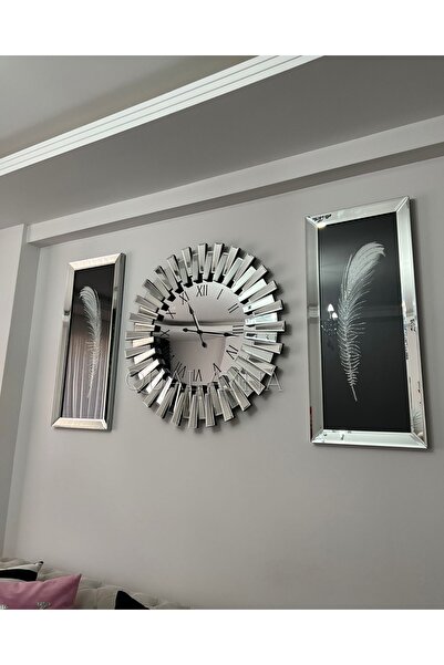 QUAL 3’lü Gümüş Renk 65 cm Piyano Saat ve 30x70 cm Tüy Tablo Seti