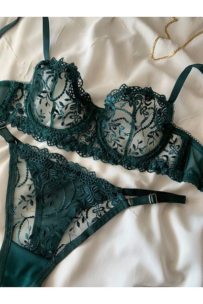 ROZENİN LINGERIE Комплект сутиен без чашки с флорални банели и бродерия