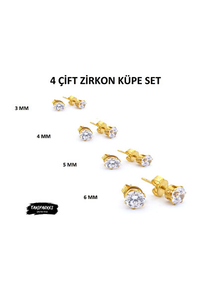 Takıparkxs 24 Ayar Altın Kaplama Cerrahi Çelik 3-4-5-6 Mm Zirkon Tek Taş 4 Çift Unisex Küpe Seti