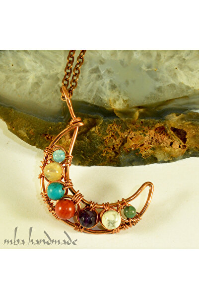 mba handmade jewelry 7 Çakra Doğal Taş Reiki Ay Kolye - Akuamarin Sitrin Turkuaz Mercan Ametist Havlit Yeşim Kristalleri