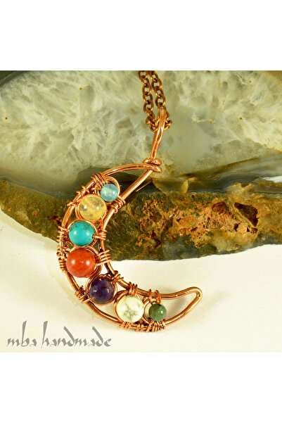 mba handmade jewelry 7 Çakra Doğal Taş Reiki Ay Kolye - Akuamarin Sitrin Turkuaz Mercan Ametist Havlit Yeşim Kristalleri