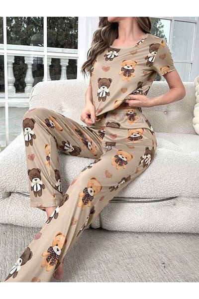 Cesur Γυναικείο κοντομάνικο σετ πιτζάμες CoffeeWithMilkBear