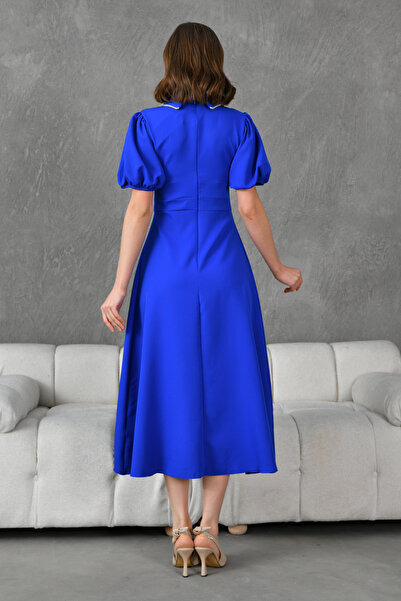 vuvutasarım Women's Stone Printed Shirt Collar Short Balloon Sleeve Midi Length 125 cm Flared Cut Saks Blue Dress 2073