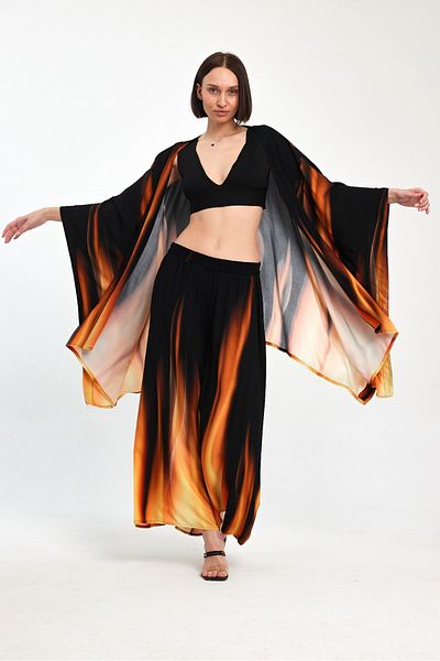 ZTO WOMEN'S SALAŞ BOTTLE PATTERNED KIMONO PANT DOUBLE SET
