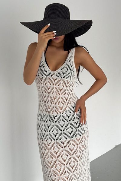lovebox Tricotaj de damă, fără mâneci, cu decolteu în V, lungime midi, țesătură oversize, rochie albă de plajă de vară 2045