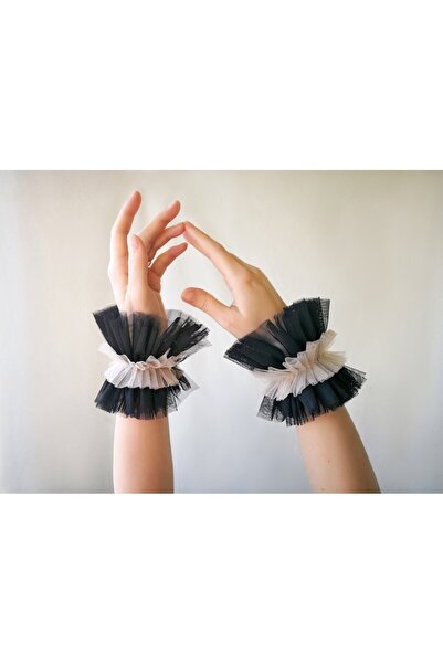 ecrin tuhafiye hobi Tül Detaylı Manşet Bileklik Beyaz Kolluk Gold Siyah