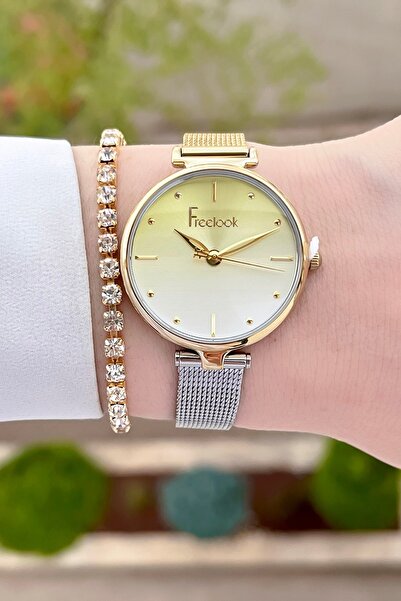 Freelook Sarı Gümüş Renk 24 Ay Garantili 5 ATM Kadın Kol Saati ve Bileklik