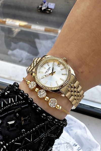 Tom Jones Women's Wristwatch Small Case 3 Atm Waterproof Gold Color Steel Cord + Bracelet TJBY2009C1