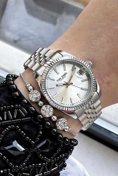 Tom Jones London Women's Wristwatch Small Case 3 Atm Waterproof Silver Color Steel Cord + Bracelet TJBY2009C4