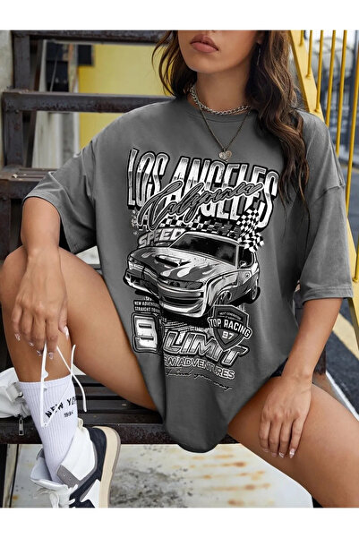 npLStore تي شيرت كبير الحجم مطبوع عليه سيارة السباق لوس أنجلوس كاليفورنيا