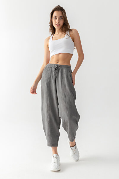 EtkiModa Pantaloni largi autentici din țesătură de muselină gri pentru femei