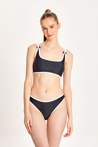 TOO SALTY SWIMWEAR Women's Black U-Neck Ring Detailed Bralet Bikini Set 24s124st