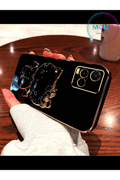 Molly Vivo Y21 İçin Siyah Hello Kitty Standlı Kenarları Gold Detaylı Lüks Sil...