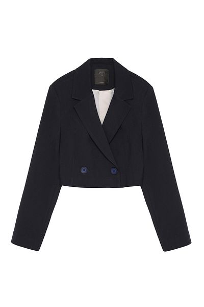 Quzu Wadded Detailed Crop Blazer Jacket Navy Blue