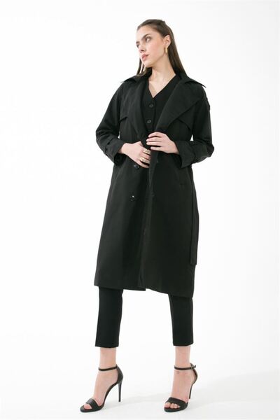 Generic Brand Women's Shoulder and Sleeve Epaulet and Button Detailed Trench ...