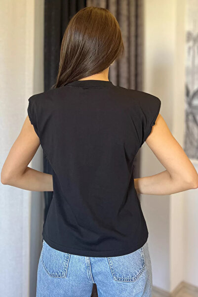 GÜLSELİ Black Collar Jewelled Shoulder Padded Tank Top