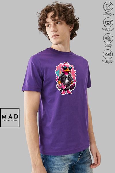 MAD COLLECTİON MAD COLLECTION Unisex Oversize Crew λαιμόκοψη βαμβακερό ροζ DUCK εμπριμέ κοντομάνικο μπλουζάκι