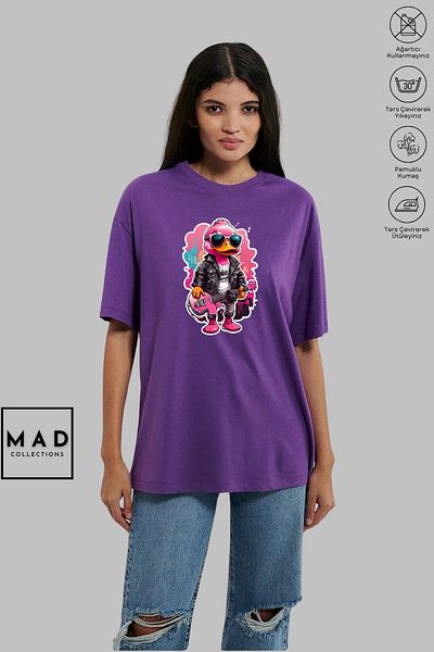 MAD COLLECTİON MAD COLLECTION Unisex Oversize Crew λαιμόκοψη βαμβακερό ροζ DUCK εμπριμέ κοντομάνικο μπλουζάκι