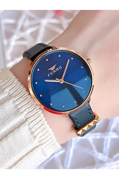 FERRO ساعة يد نسائية بتصميم خاص مقاومة للماء بطول 30 مترًا مع حبل جلدي أسود اللون 2108BWTL