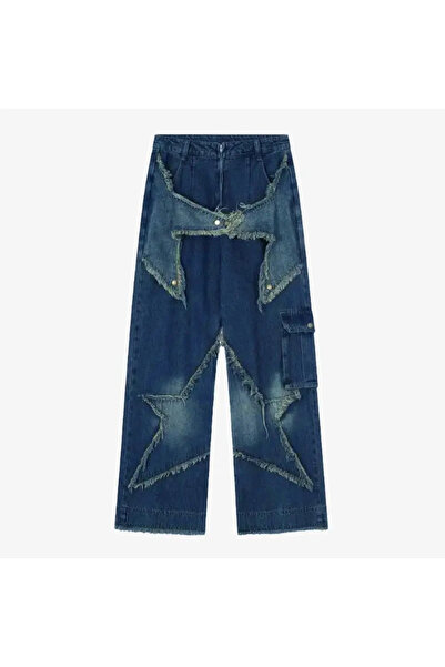 Gofeel Y2k Mavi Stars Patch Detay Yıkamalı Unisex Kot Jean Pantolon