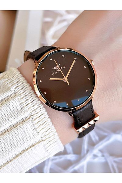 FERRO Leather Cord Blackening Colorfast 30 Meters Water Resistant Special Design Women's Wristwatch 2108B-S6