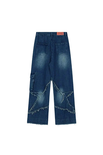 Gofeel Y2k Mavi Stars Patch Detay Yıkamalı Unisex Kot Jean Pantolon