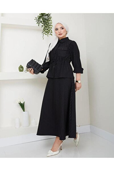 modasindoma بدلة تنورة نسائية برباط وخصر مخطط