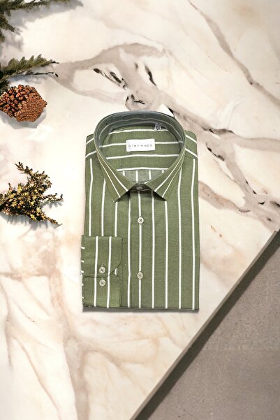 alenmeza Cămașă pentru bărbați, din bumbac, cu dungi kaki, ușor de călcat, cu...