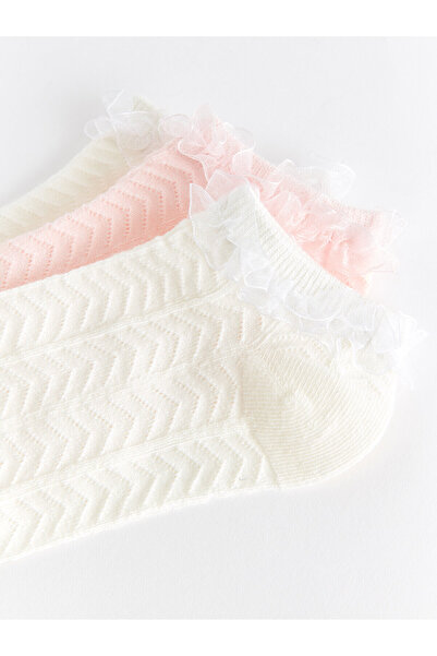 LC Waikiki Ecru Lace Detailed Girl's Booties Socks 3-Piece