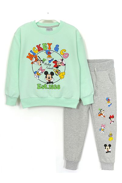 DobaKids Printed Long Sleeve Soft Cotton Fabric Crew Neck Cuffed Leg Girl's Tracksuit Set Green