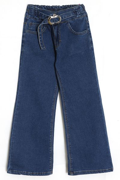 DobaKids Belt Detailed Elastic Waisted Wide Leg Girl's Jeans Age 7-11 Navy Blue