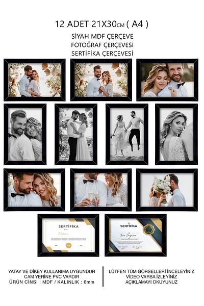 bymat 12 Pieces 21x30 Frame - Black Frame - A4 Frame - Diploma Frame - Mdf Multiple Photo Frame