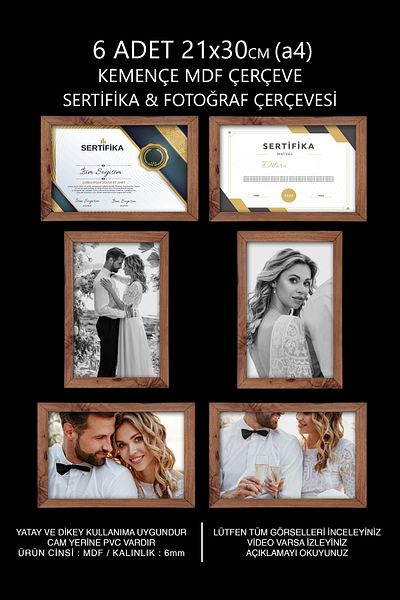 bymat 6 Pieces 21x30 Frame - Kemenç Frame - A4 Frame - Diploma Frame - Mdf Multi Photo