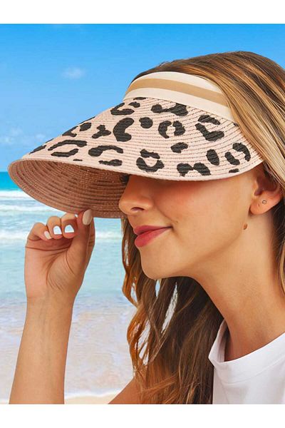 Mood Agenda Women's Leopard Patterned Straw Visor Hat