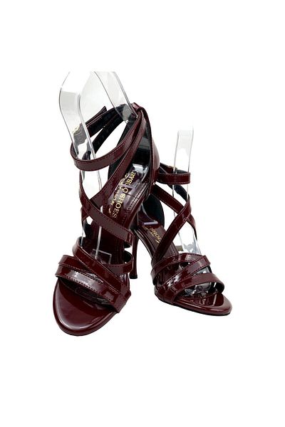 bescobel Women's Densar Claret Red Patent Leather Thin Heeled Tape Detailed Ankle Strap Shoes 10cm 501