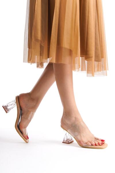 bescobel Papuci de damă Delva Nut High Twist cu toc transparent cu bandă dublă transparentă