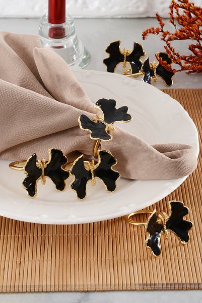 TR Turan Collection Kelebek 6-Piece Gold Luxury Napkin Ring, Black Enamel Napkin Ring