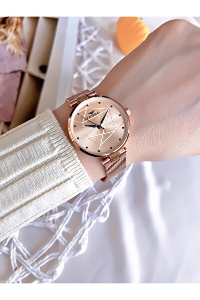 FERRO ساعة يد نسائية بتصميم خاص باللون الذهبي الوردي مقاومة للتشويه 3 ATM مع حبل من القش BF40-087